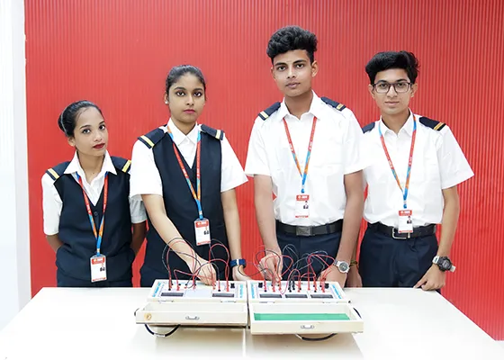 Students in aviation uniforms demonstrating a project at one of the top aviation colleges in Tamilnadu, Chennai